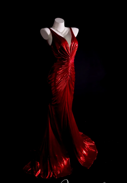 Sexy V-neck Mermaid Long Prom Dresses Backless Red Evening Dress Sleeveless Formal Dresses DP3683