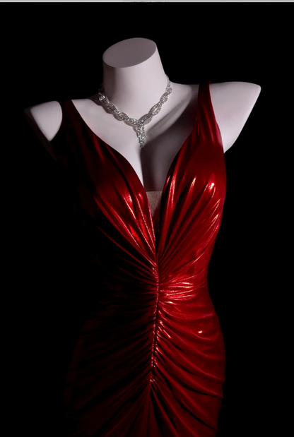 Sexy V-neck Mermaid Long Prom Dresses Backless Red Evening Dress Sleeveless Formal Dresses DP3683