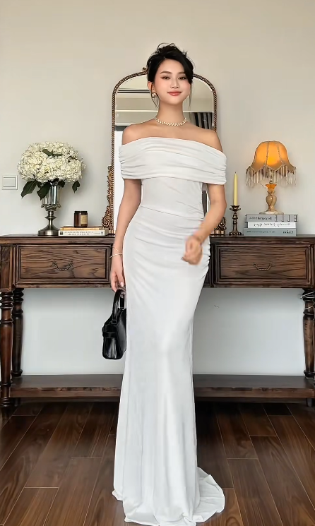 Elegant Sheath Long Prom Dresses Chiffon White Wedding Guest Dresses Off-the-shoulder Evening Dresses DP3686