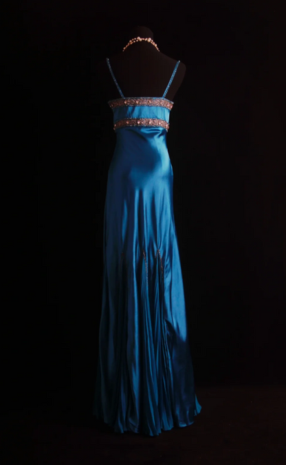 Vintage Spaghetti Strap Sheath Long Prom Dresses Beaded Satin Blue Evening Dresses DP3688