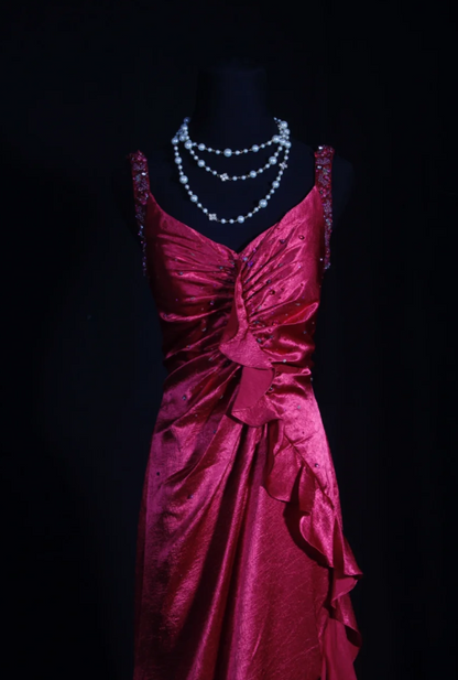 Vintage V-neck Sheath Long Prom Dresses Satin Hot Pink Evening Dresses DP3720