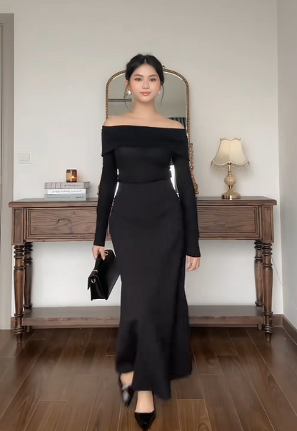 Elegant Off-the-shoulder Sheath Black Formal Dresses Black Evening Dresses  DP3756