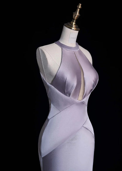 Elegant Halter Mermaid Long Prom Dress Satin Gray-Purple Evening Dress DP3785