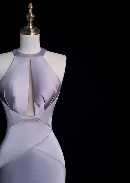 Elegant Halter Mermaid Long Prom Dress Satin Gray-Purple Evening Dress DP3785