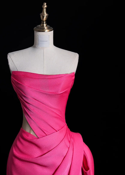 Elegant Strapless Sheath Long Prom Dresses Satin Pink Evening Dresses DP3786