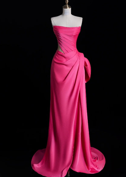 Elegant Strapless Sheath Long Prom Dresses Satin Pink Evening Dresses DP3786