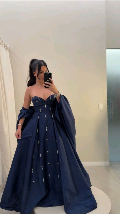 Elegant Sweetheart A-Line Navy Blue Long Prom Dresses Sleeveless Satin Navy Blue Evening Dresses DP3853