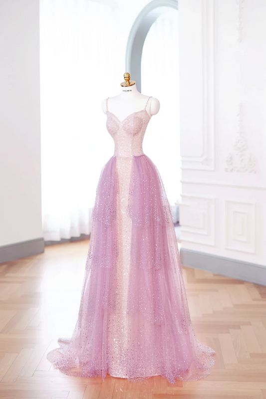 Elegant Glamour A Line Pink Sequin Prom Gowns Party Dress Classy Gowns Evening Dresses DP892