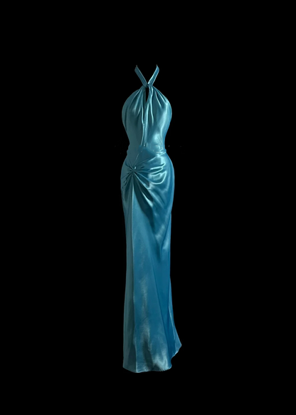 Elegant Glamour Mermaid Halter Blue Satin Long Prom Dresses Party Dress Evening Dress DP916