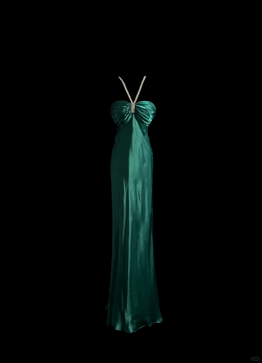 Vintage Mermaid Halter Green Satin Long Prom Dresses Ruffles Evening Gowns Evening Dress DP937