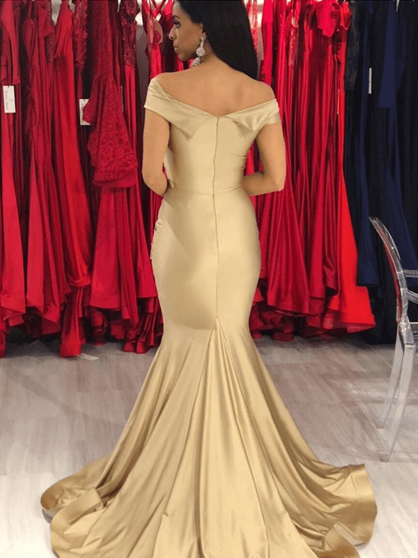 Trumpet/Mermaid Sleeveless Off-the-Shoulder Sweep/Brush Train Ruffles Spandex Dresses - RongMoon