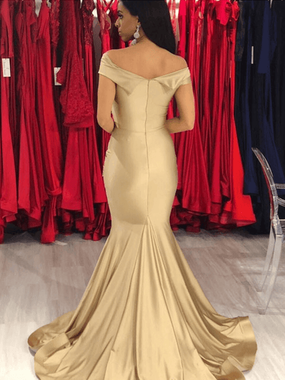 Trumpet/Mermaid Sleeveless Off-the-Shoulder Sweep/Brush Train Ruffles Spandex Dresses - RongMoon