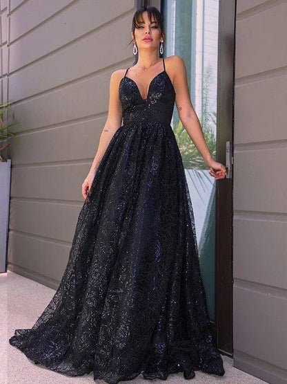 A-Line/Princess V-neck Sequins Sleeveless Sequin Sweep/Brush Train Dresses - RongMoon