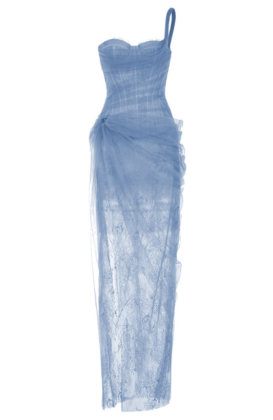 Pretty Blue One Shoulder Lace Tulle Evening Dress Long Prom Dress cc2172