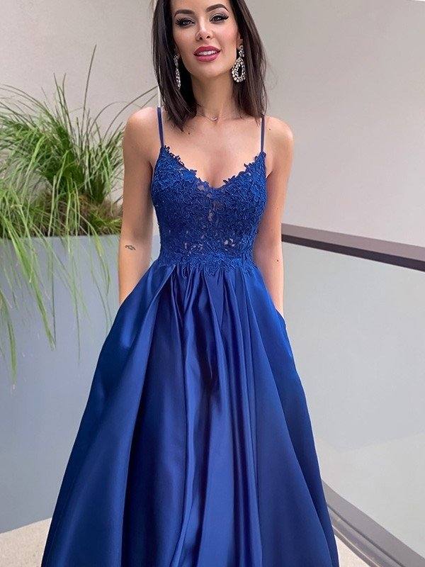 A-Line/Princess Applique Spaghetti Straps Satin Sleeveless Floor-Length Dresses - RongMoon