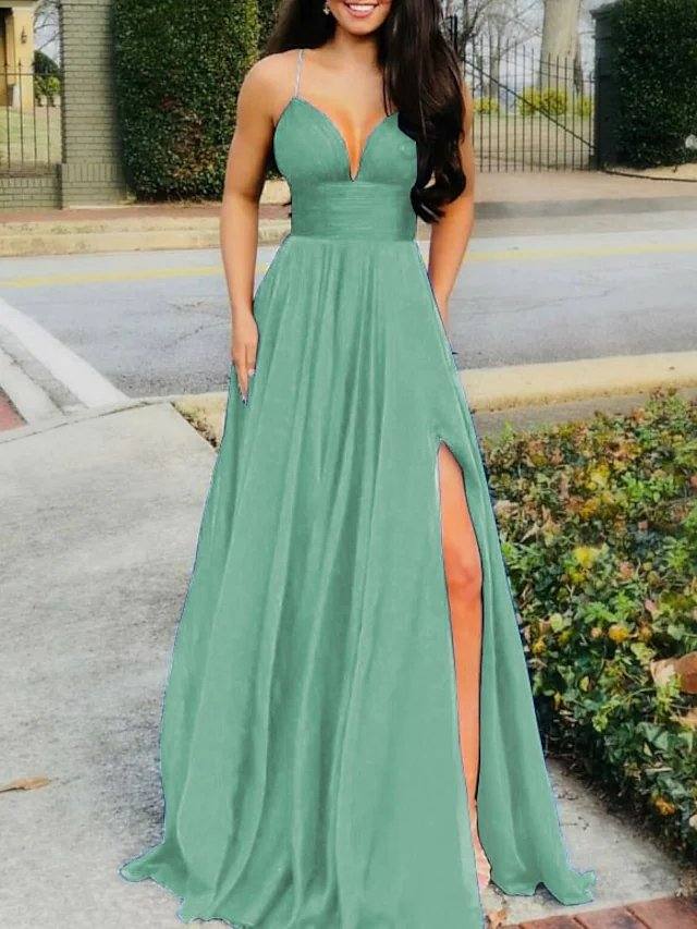 A-Line Sexy Prom Formal Evening Dress Spaghetti Strap Sleeveless Sweep / Brush Train Chiffon with Split - RongMoon