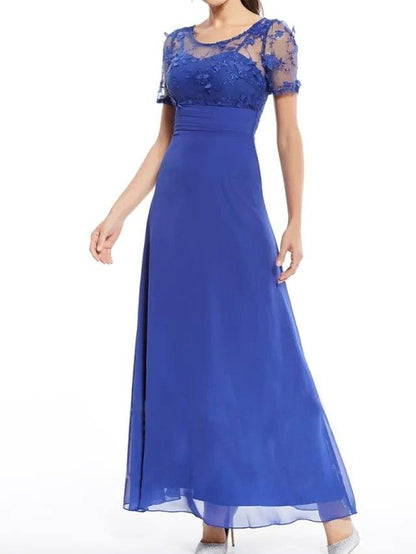 A-Line Mother of the Bride Dress Elegant Illusion Neck Jewel Neck Floor Length Chiffon Lace Short Sleeve with Appliques Ruching - RongMoon