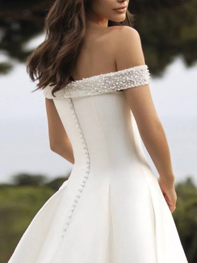A-Line Wedding Dresses Off Shoulder Court Train Satin Sleeveless Simple with Beading - RongMoon