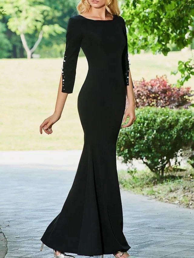 Sheath / Column Mother of the Bride Dress Elegant Jewel Neck Floor Length Stretch Fabric Half Sleeve with Beading - RongMoon