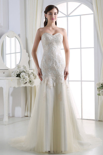 Strapless Beading Lace Appliques Long Wedding Dresses