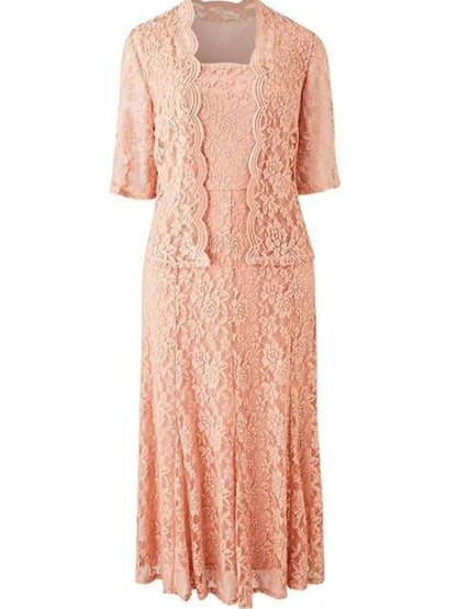 Two Piece Sheath / Column Mother of the Bride Dress Elegant Square Neck Ankle Length Lace Half Sleeve with Pleats Embroidery - RongMoon