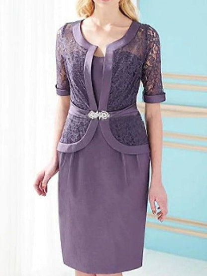 Two Piece Sheath / Column Mother of the Bride Dress Elegant Sweetheart Neckline Knee Length Lace Satin Half Sleeve with Sash / Ribbon - RongMoon