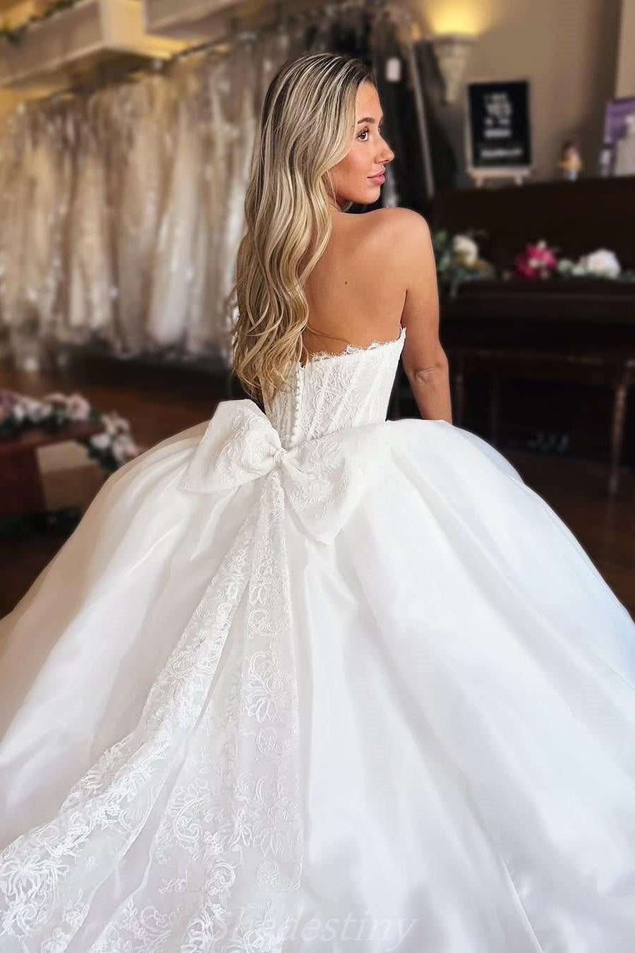 Strapless A-Line Embroidered Floral Lace Corset White Wedding Dress