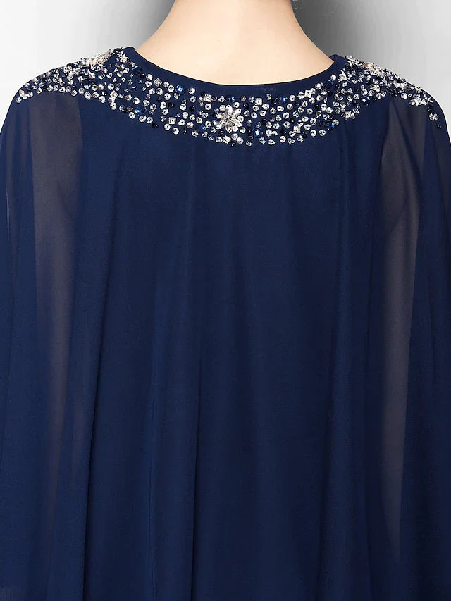 Mother of the Bride Dress V Neck Tea Length Chiffon 3/4 Length Sleeve with Crystals Beading
