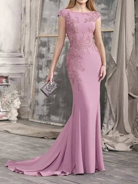 Mermaid / Trumpet Beautiful Back Sexy Engagement Formal Evening Dress Boat Neck Sleeveless Court Train Lace Stretch Satin with Appliques - RongMoon