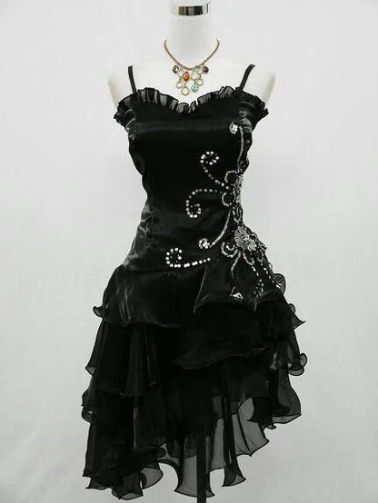 girlhomeshops--Blue/Black Delicate Floral Beaded Short Ruffled Tulle Homecoming Dress gh5635