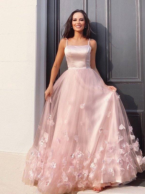 A-Line/Princess Tulle Hand-Made Flower Straps Floor-Length Sleeveless Dresses - RongMoon