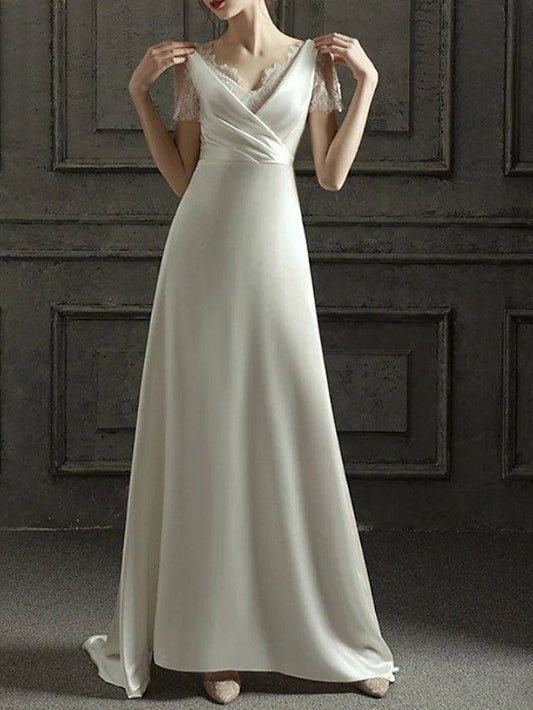 A-Line Wedding Dresses V Neck Sweep / Brush Train Satin Short Sleeve Romantic Vintage 1950s with Lace - RongMoon