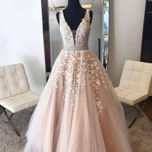 Blush Robe De Soiree A-line V-neck Tulle Appliques Lace Beaded Elegant Long Prom Dresses Prom Gown Evening Dresses - RongMoon