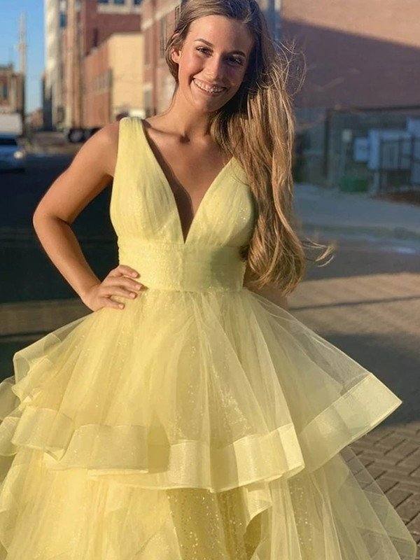 Ball Gown Floor-Length V-neck Ruffles Sleeveless Organza Dresses - RongMoon