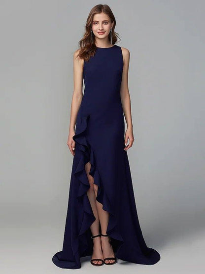 A-Line Jewel Neck Asymmetrical Chiffon Bridesmaid Dress with Ruffles / Split Front - RongMoon