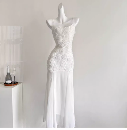 White Suspender Dress French Chiffon Waist Party Dress Mermaid Dress  cc3068