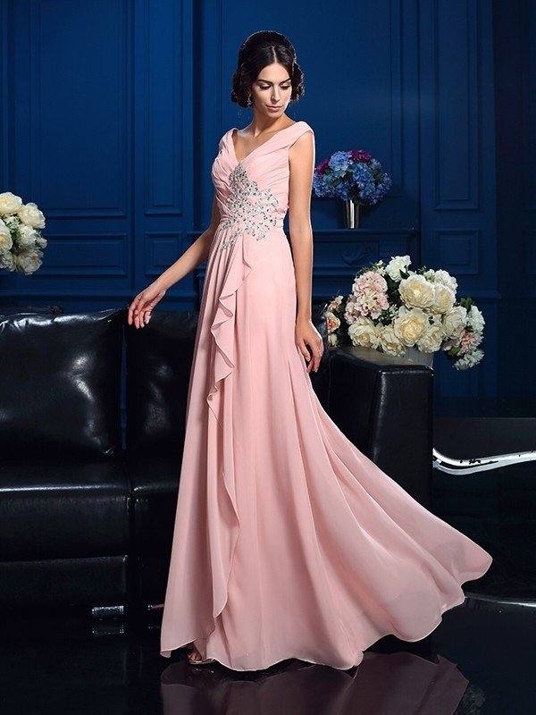 A-Line/Princess V-neck Beading Sleeveless Long Chiffon Mother of the Bride Dresses - RongMoon