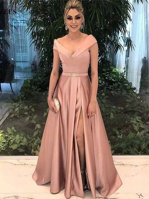 A-Line Off-the-Shoulder Sleeveless Floor-Length With Sash/Ribbon/Belt Satin Dresses - RongMoon