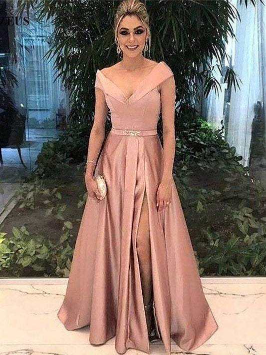 A-Line Off-the-Shoulder Sleeveless Floor-Length With Sash/Ribbon/Belt Satin Dresses - RongMoon