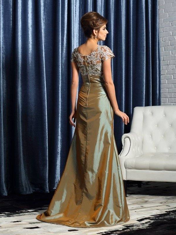 Trumpet/Mermaid Scoop Beading Short Sleeves Applique Long Taffeta Mother of the Bride Dresses - RongMoon