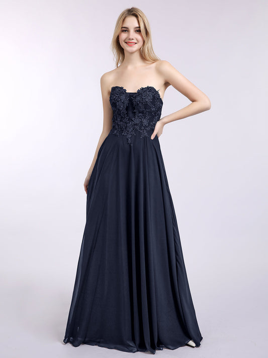 Strapless Chiffon with Appliqued Gown Dark Navy