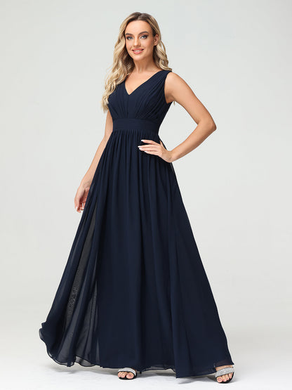 V neck Chiffon Long Dresses with Open Back Dark Navy
