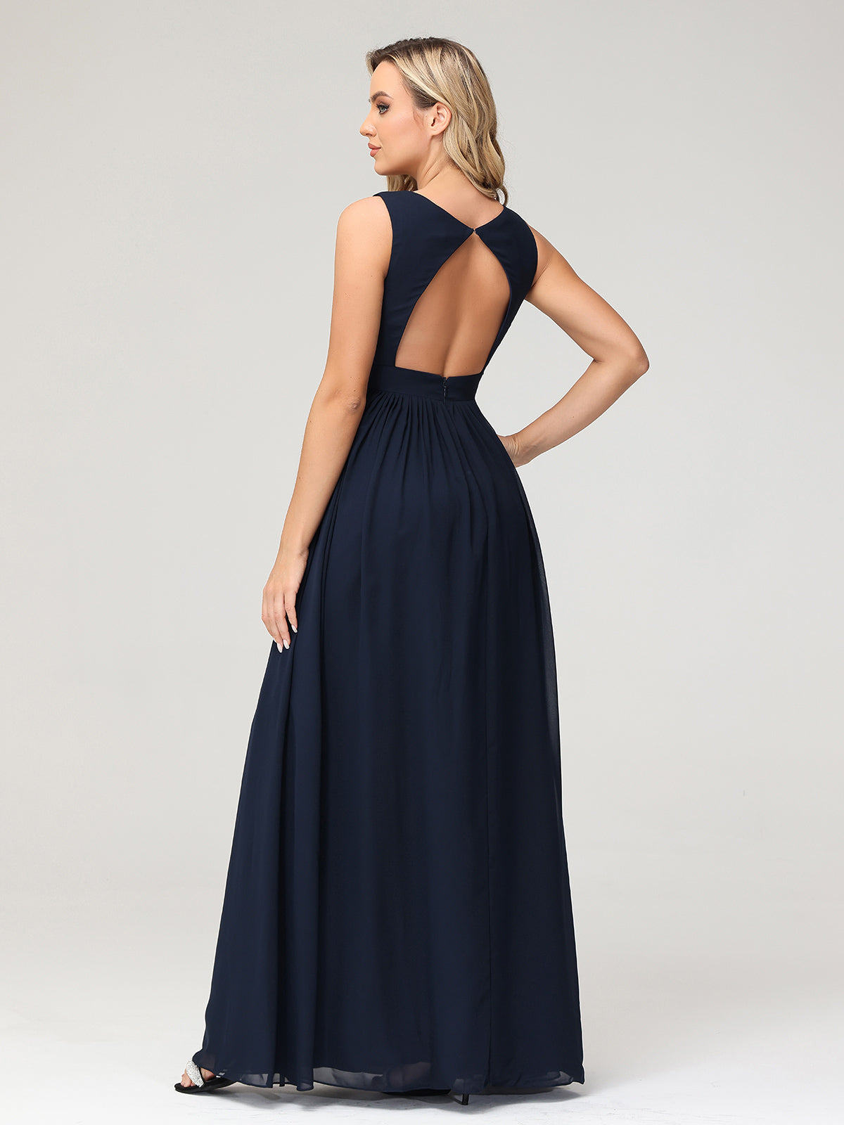 V neck Chiffon Long Dresses with Open Back Dark Navy