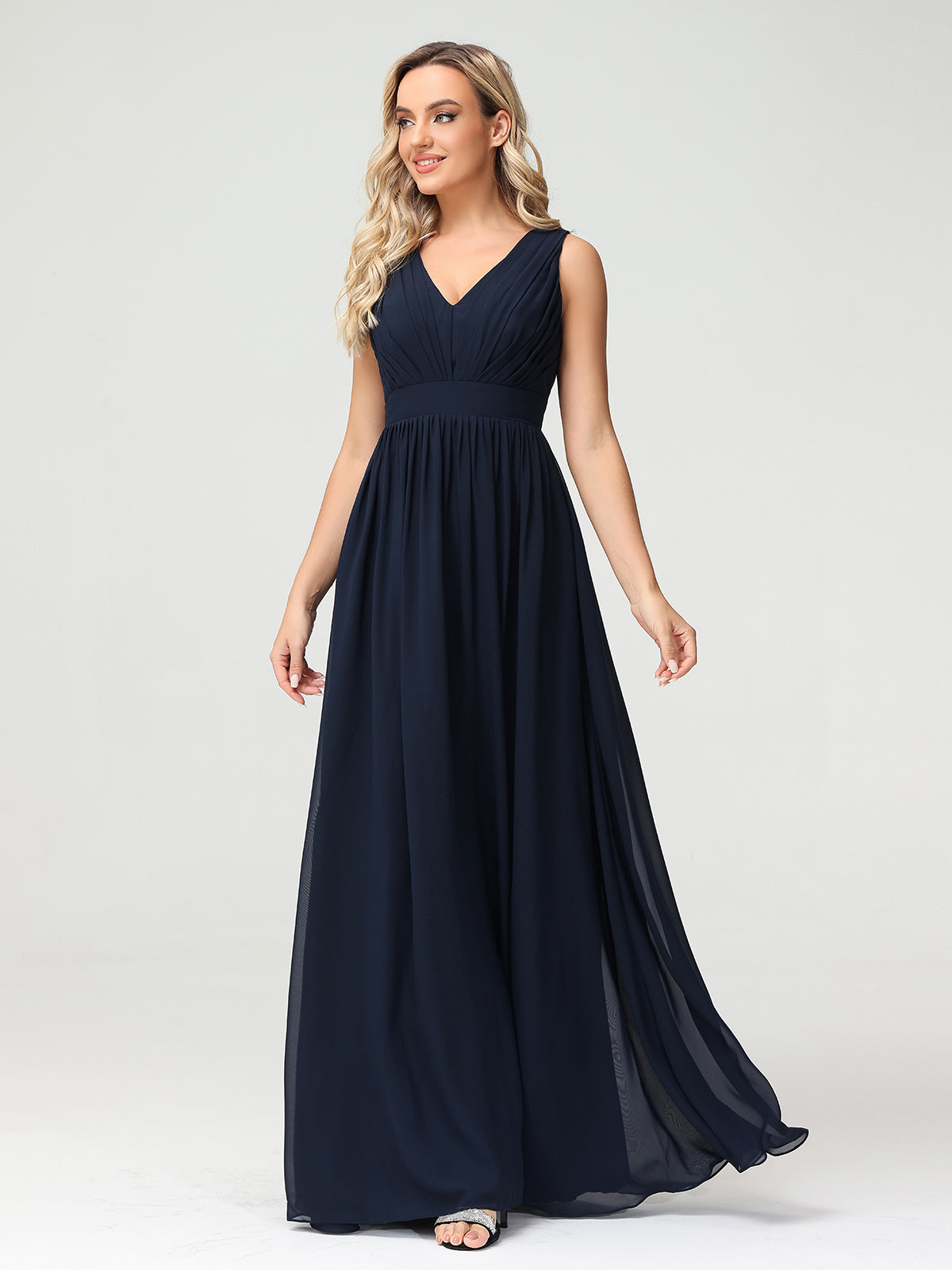 V neck Chiffon Long Dresses with Open Back Dark Navy