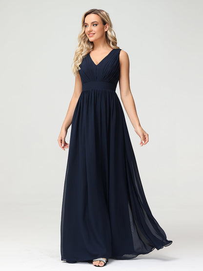 V neck Chiffon Long Dresses with Open Back Dark Navy