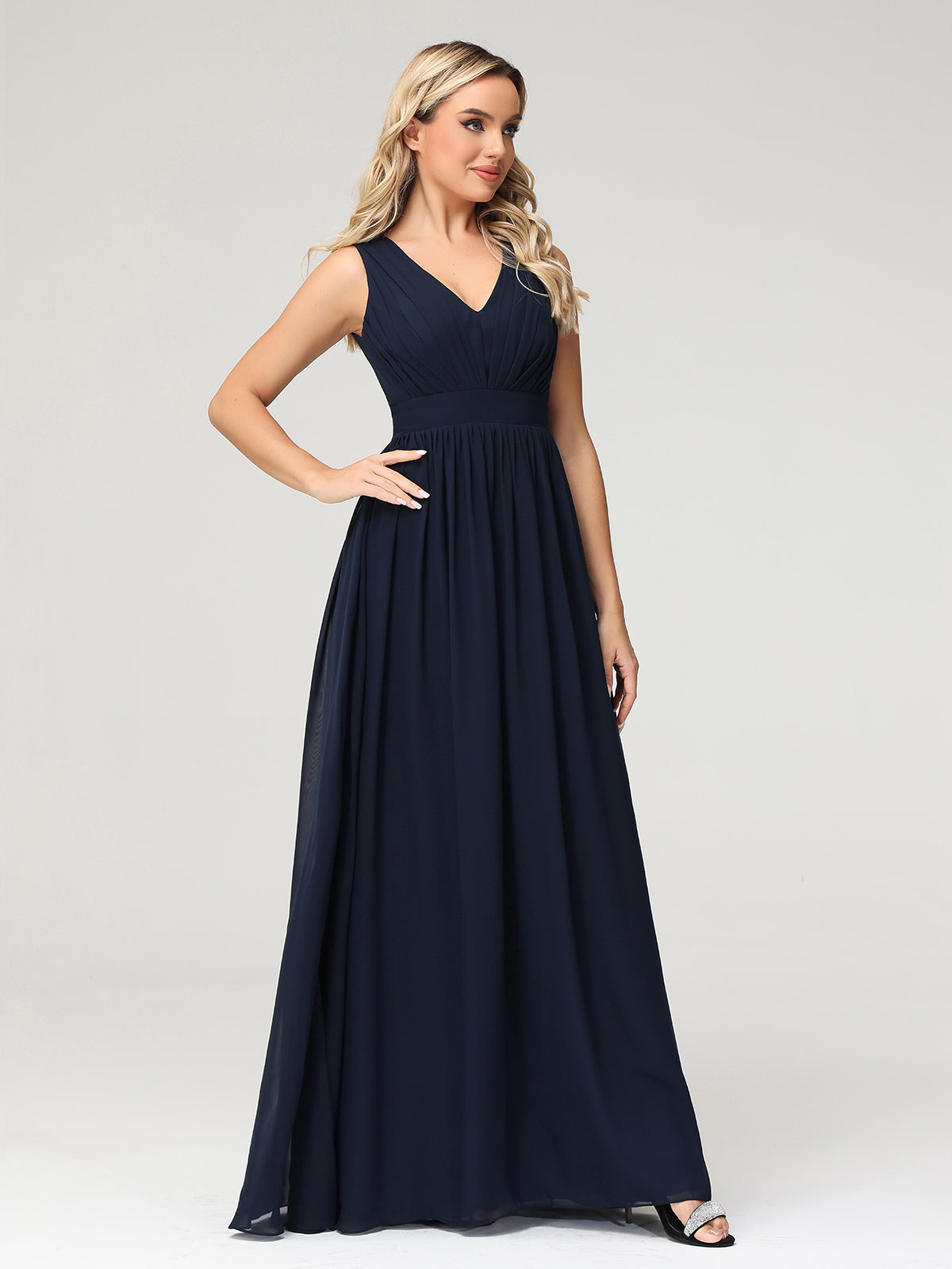 V neck Chiffon Long Dresses with Open Back Dark Navy