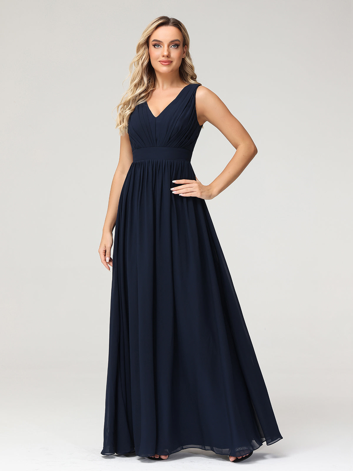 V neck Chiffon Long Dresses with Open Back Dark Navy