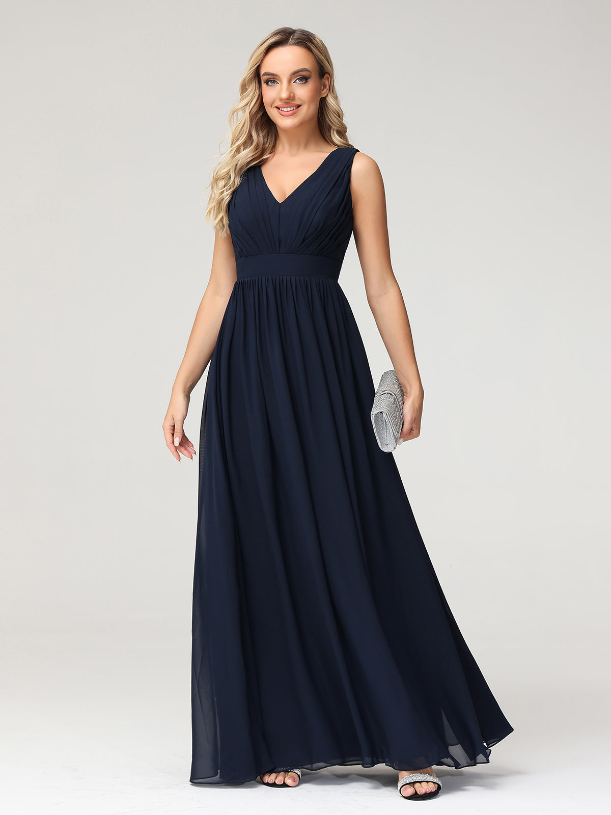V neck Chiffon Long Dresses with Open Back Dark Navy