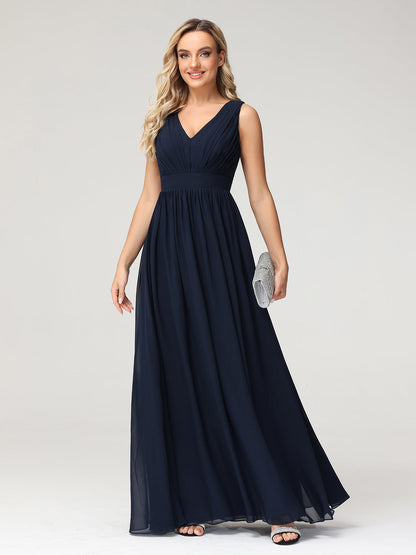 V neck Chiffon Long Dresses with Open Back Dark Navy