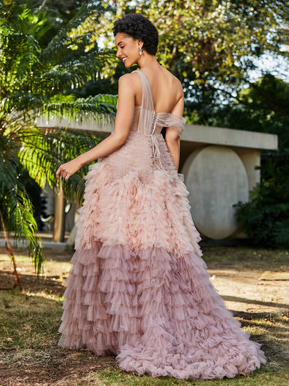One Shoulder Flowy Ruffle Skirt Tulle Ball Gown Dusty Rose